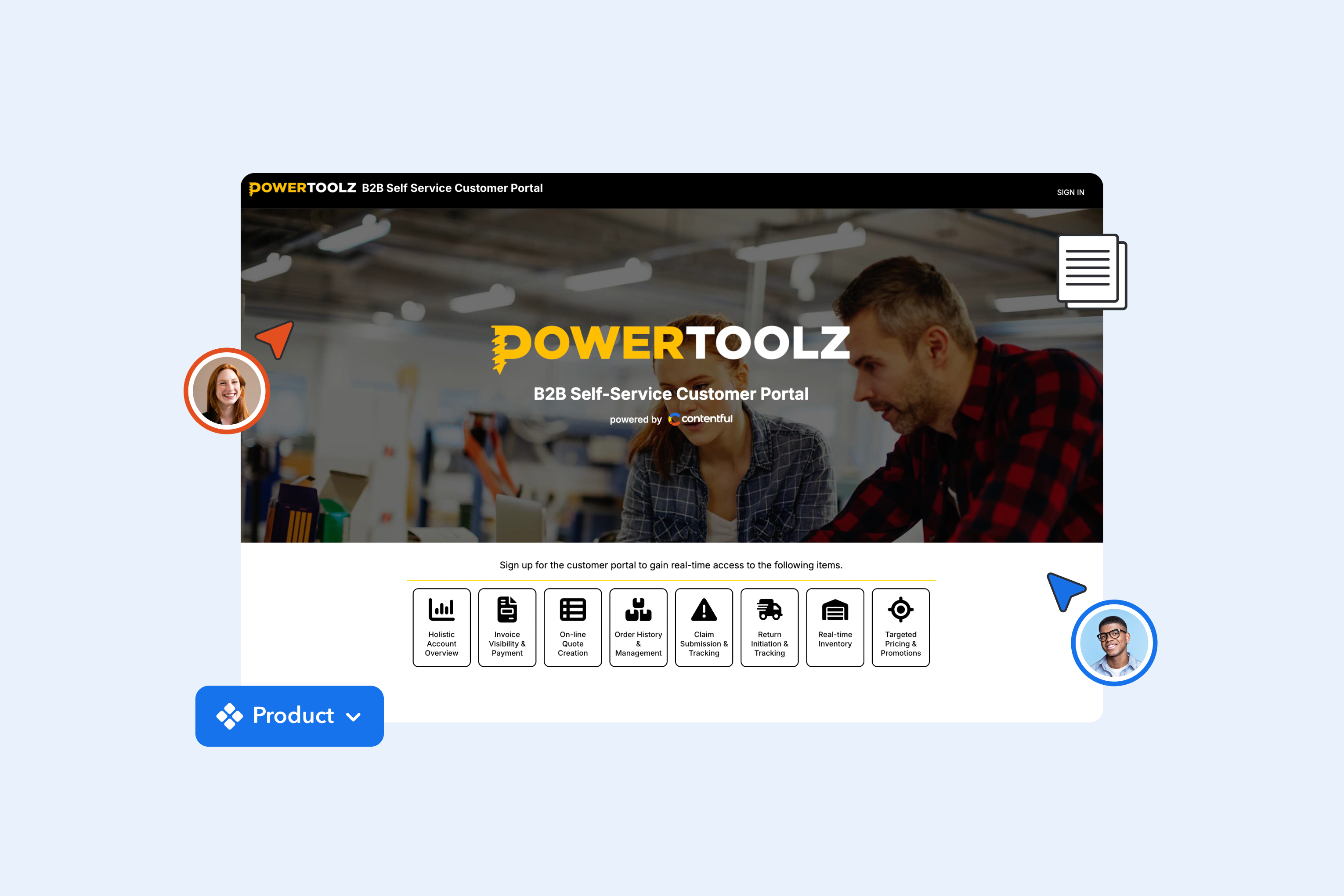 PowerToolz B2B customer portal interface showing service icons and features, with collaborator avatars in the corners