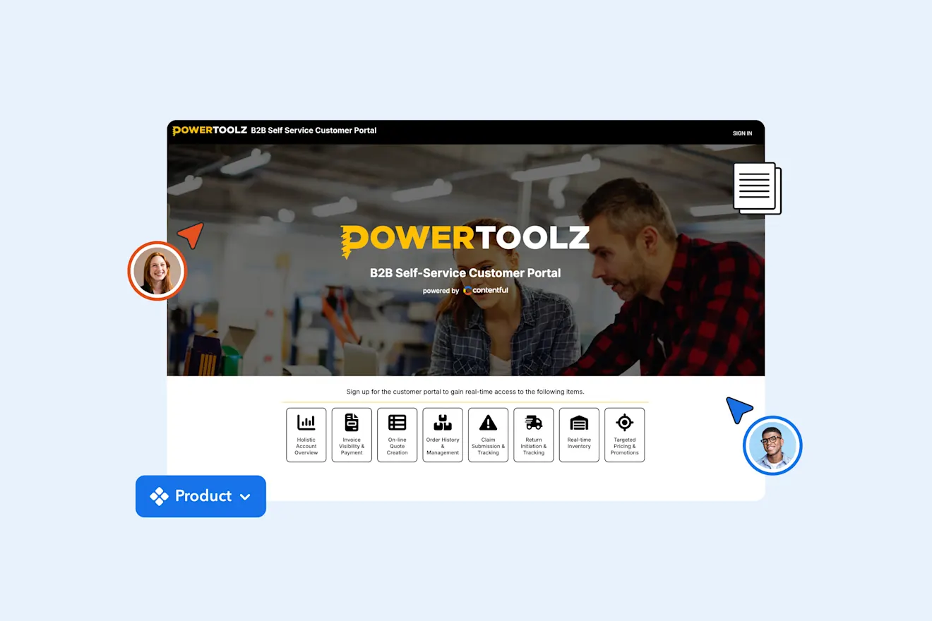 PowerToolz B2B customer portal interface showing service icons and features, with collaborator avatars in the corners