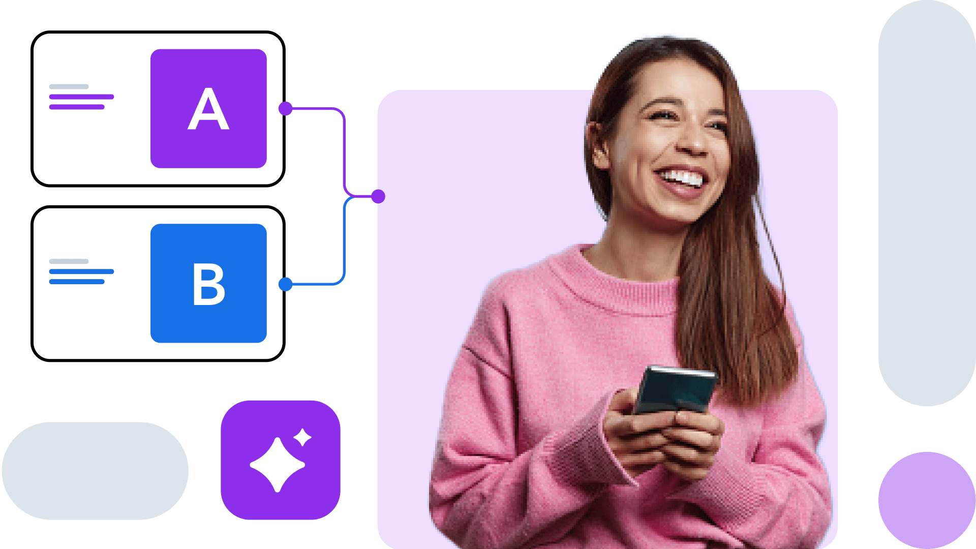 A/B testing concept showing a smiling person in pink sweater using phone