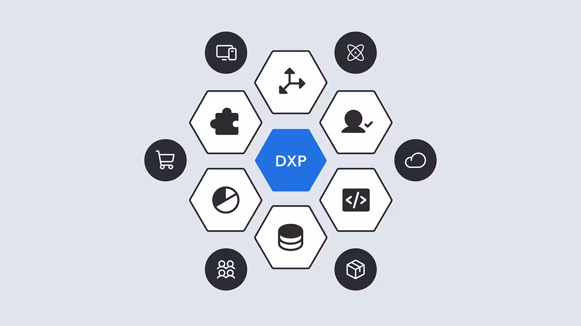 Hexagonal diagram showing DXP (Digital Experience Platform) at center with surrounding icons representing different platform capabilities