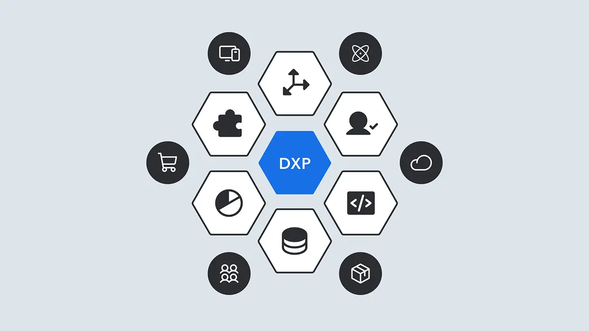 Hexagonal diagram showing DXP (Digital Experience Platform) at center with surrounding icons representing different platform capabilities