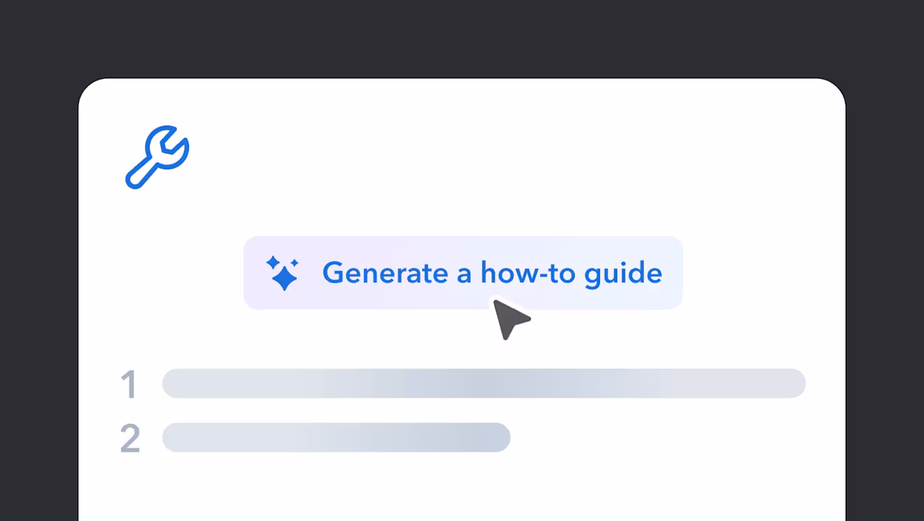 Interface showing "Generate a how-to guide" button with blue wrench icon and numbered placeholder steps below