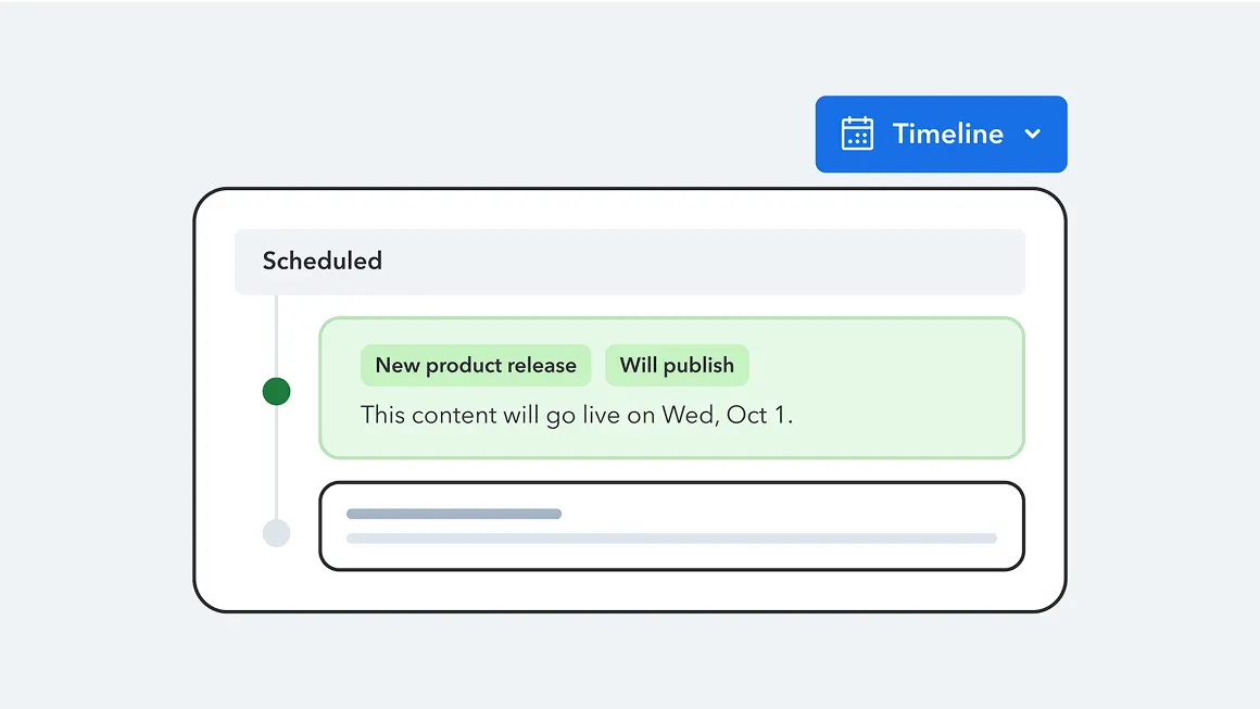 Content timeline interface in Contentful showing scheduled new product release set to publish on Wednesday, October 1, on a grey background.