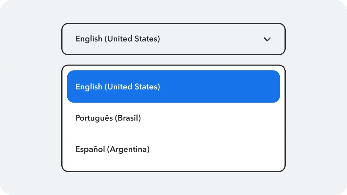 A drop down menu showing three language options 