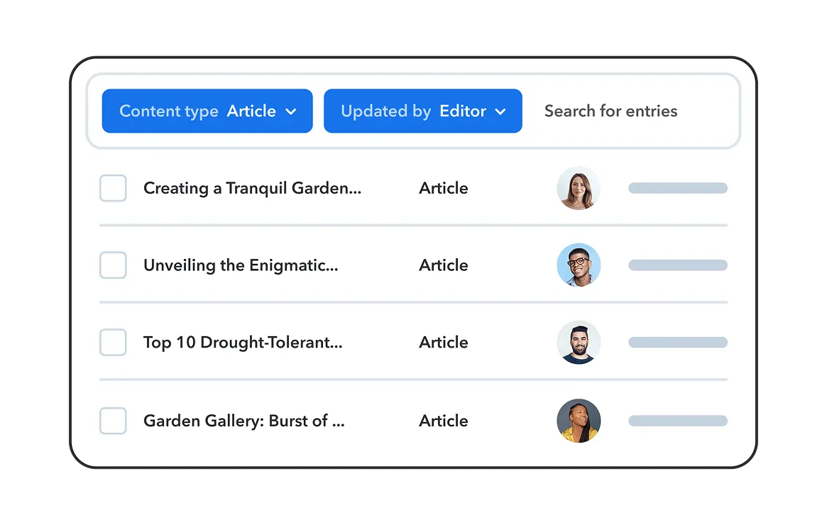 Content management interface showing a list of four articles with author avatars and filter options at the top