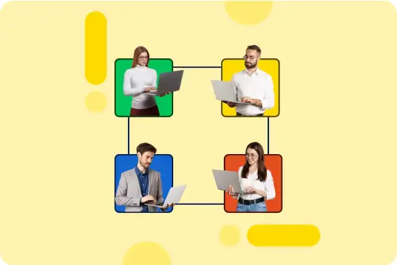 An illustration of four colleagues working on laptops, each in a separate green, yellow, blue, or red rounded square connected by lines, set against a yellow background with a decorative exclamation point and dots.