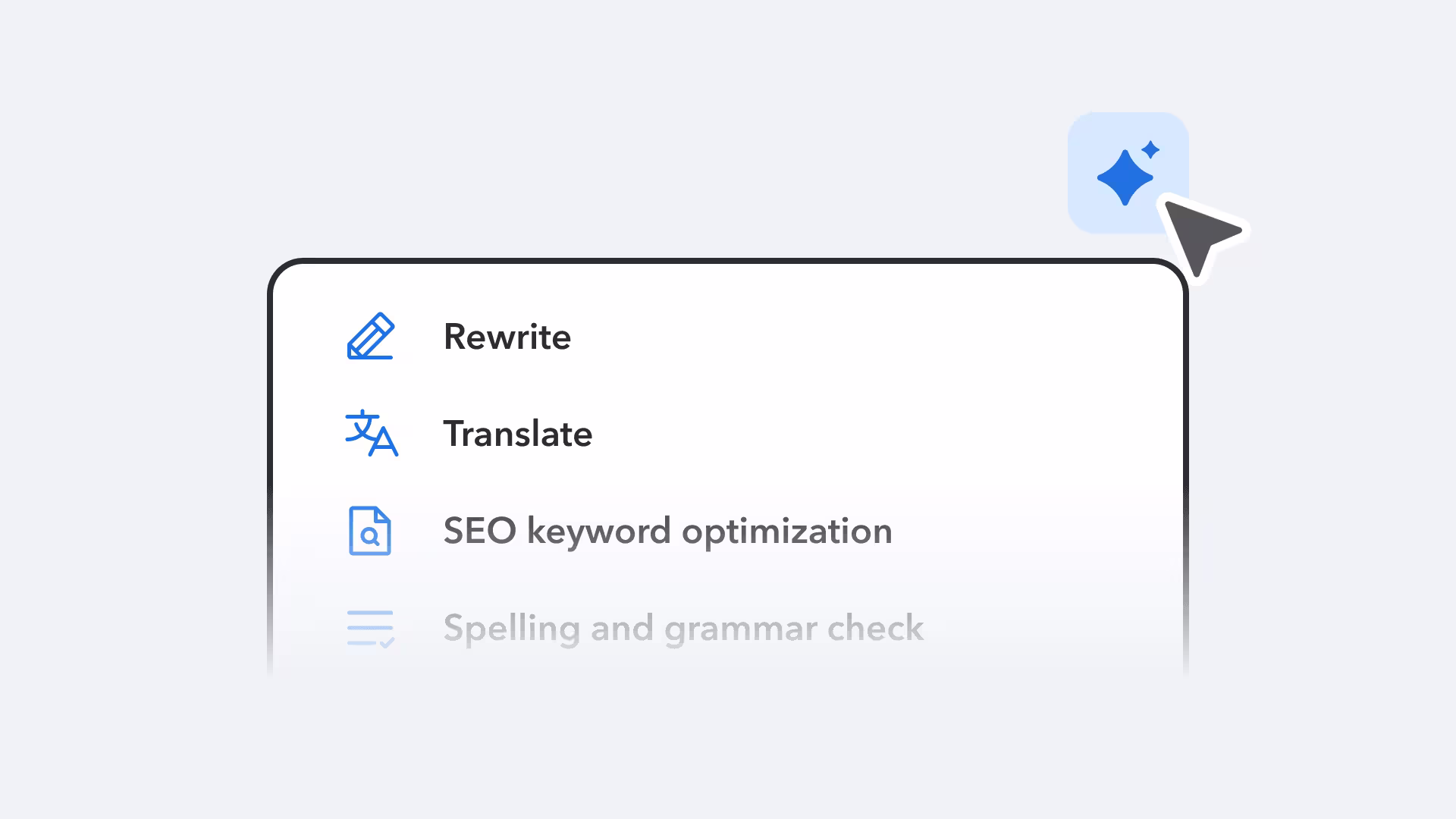 AI tool menu showing options: Rewrite, Translate, SEO keyword optimization, and Spelling and grammar check, with a blue AI icon.