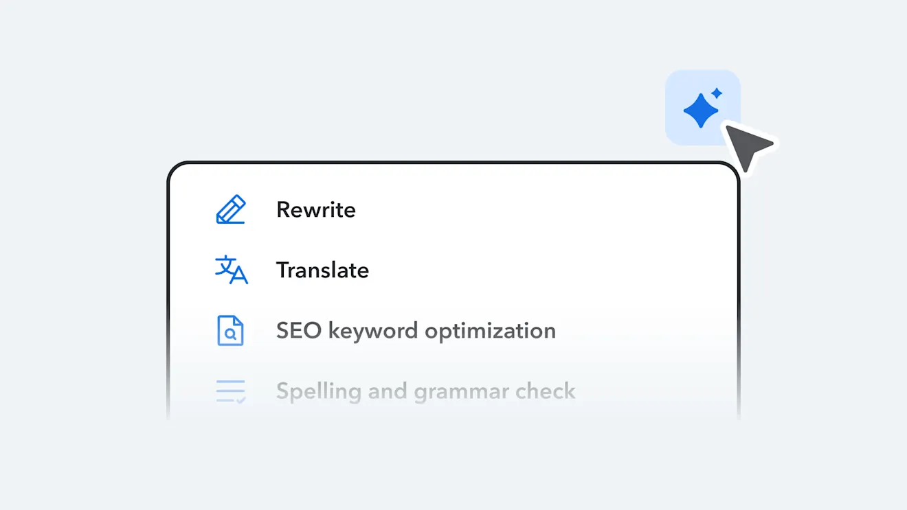 AI tool menu showing options: Rewrite, Translate, SEO keyword optimization, and Spelling and grammar check, with a blue AI icon.