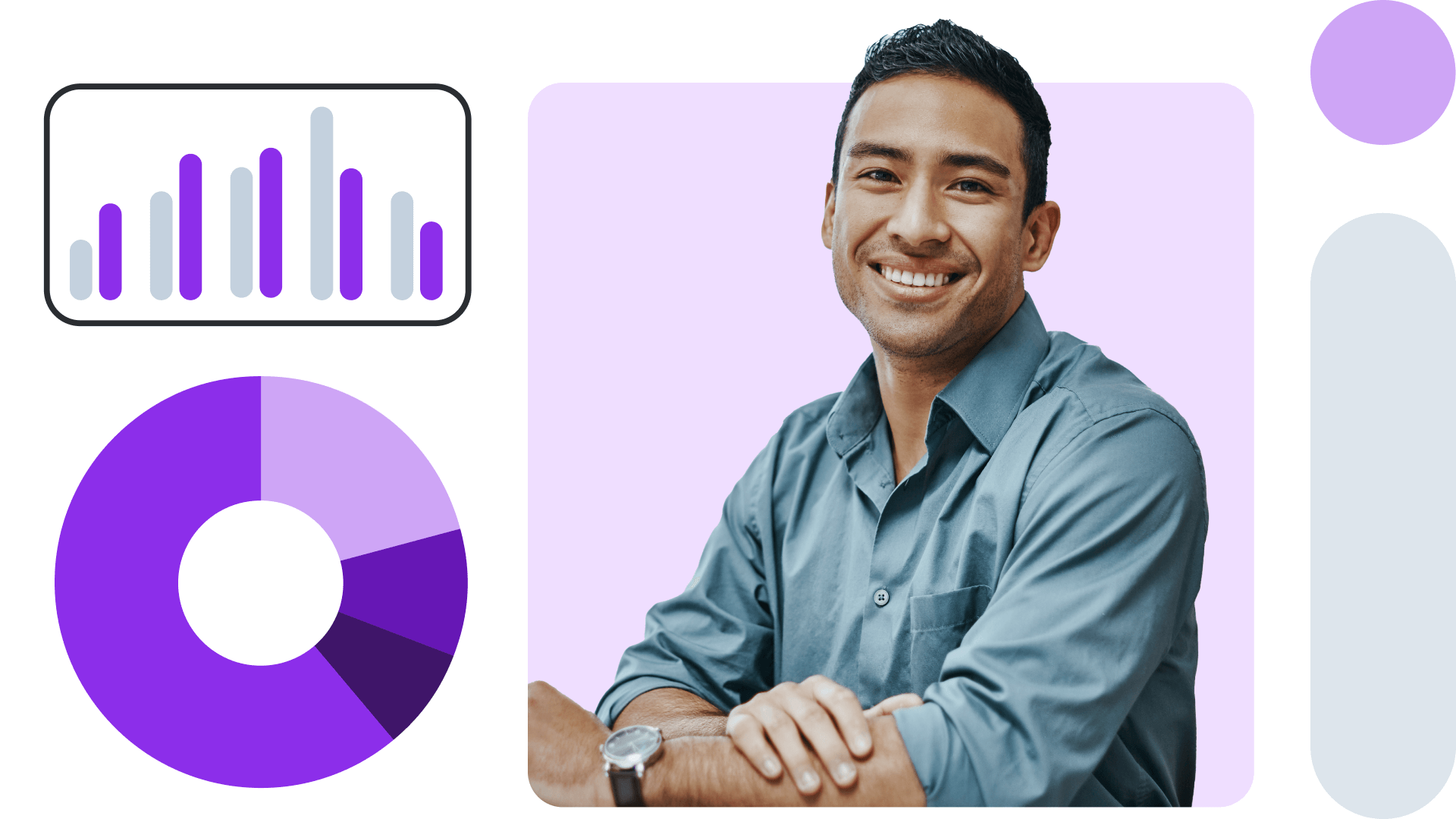Professional in teal button-down shirt smiling against purple background with purple data visualization charts on the left