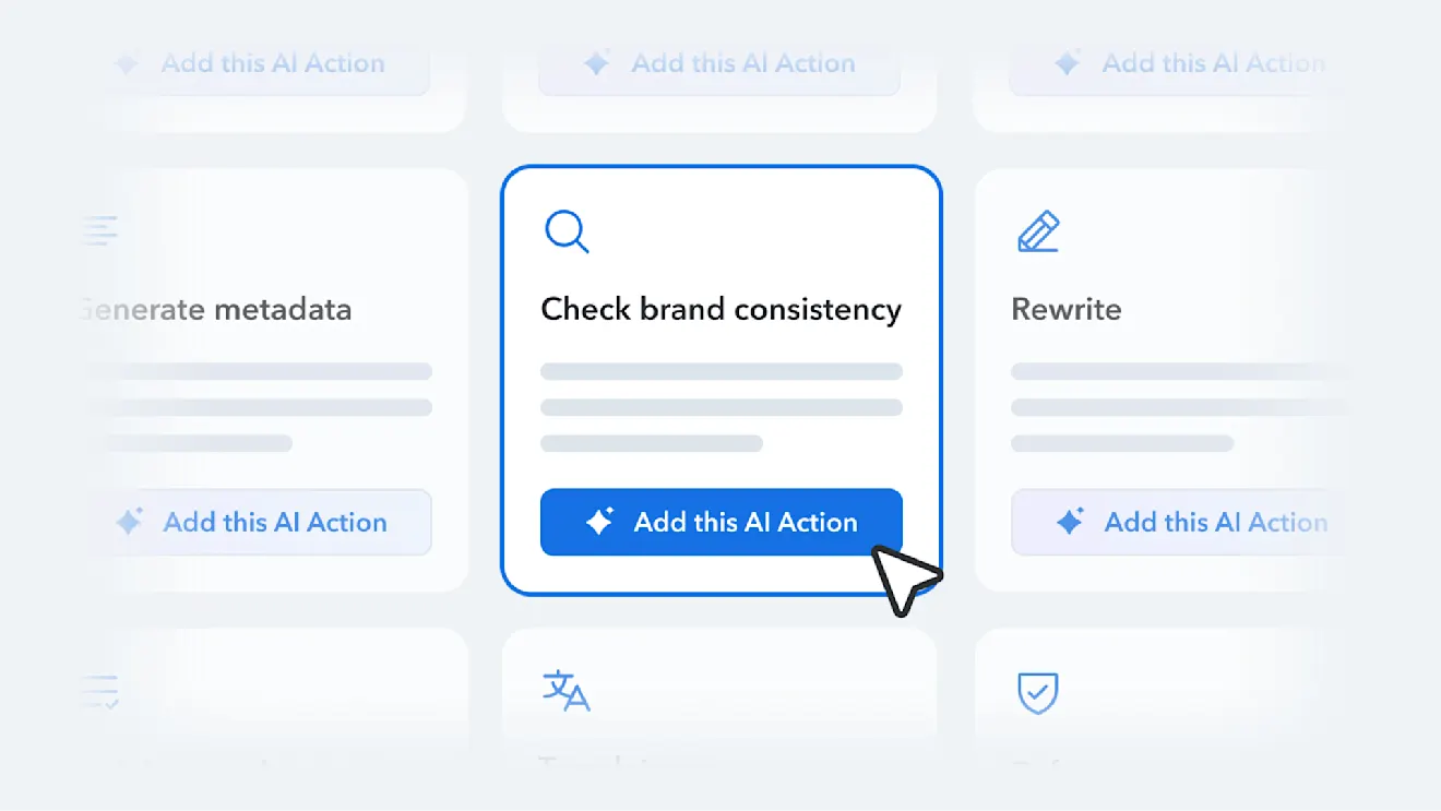 Interface showing three AI action cards with icons for metadata generation, brand consistency checking, and content rewriting features