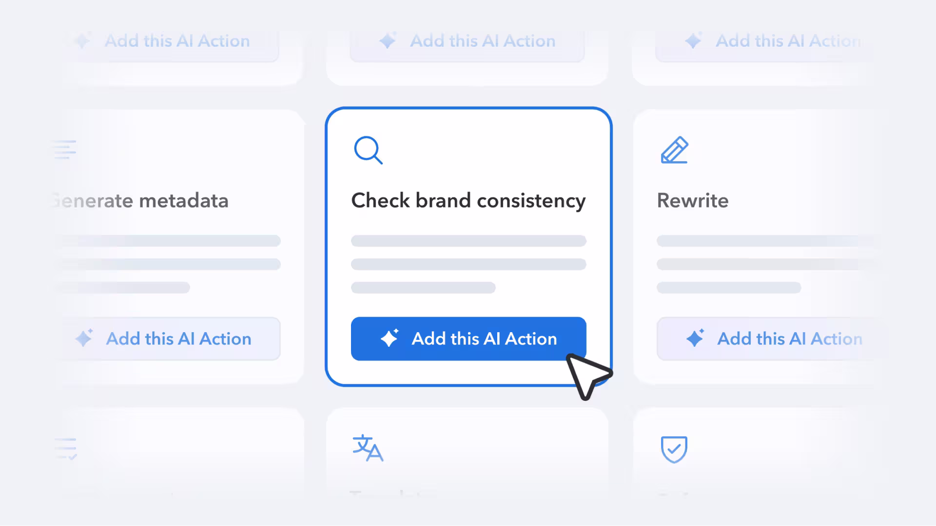 Interface showing three AI action cards with icons for metadata generation, brand consistency checking, and content rewriting features