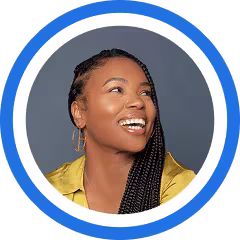 A series of circular portraits showing a person with long braided hair wearing a yellow top, expressing different joyful emotions and poses