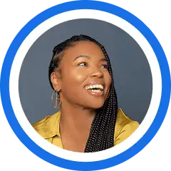 A series of circular portraits showing a person with long braided hair wearing a yellow top, expressing different joyful emotions and poses