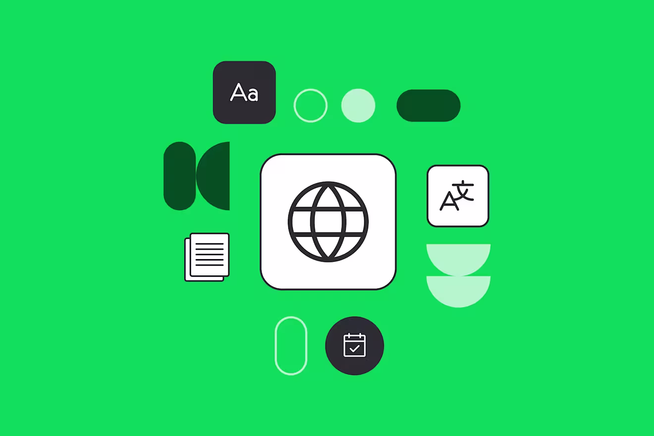 Various white and black icons including text, globe, and calendar symbols arranged on a bright green background