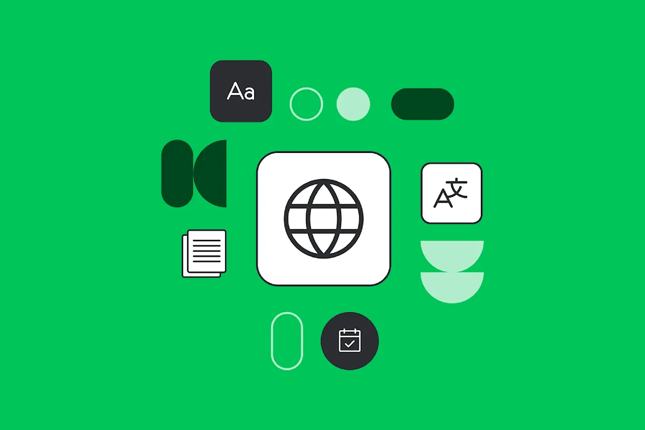 Various white and black icons including text, globe, and calendar symbols arranged on a bright green background