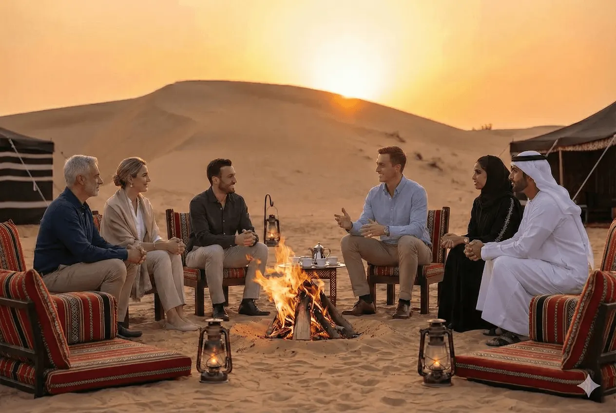 Group gathered around campfire in desert at sunset, sitting on traditional Arabic cushions with lanterns and Bedouin tents in background