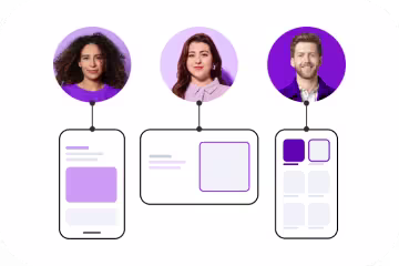 Three profile photos connected to different mobile device interfaces showing various app screen layouts in purple and white.