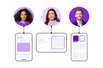 Three profile photos connected to different mobile device interfaces showing various app screen layouts in purple and white.