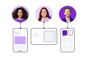 Three profile photos connected to different mobile device interfaces showing various app screen layouts in purple and white.
