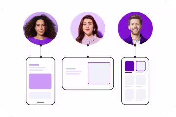 Three profile photos connected to different mobile device interfaces showing various app screen layouts in purple and white.