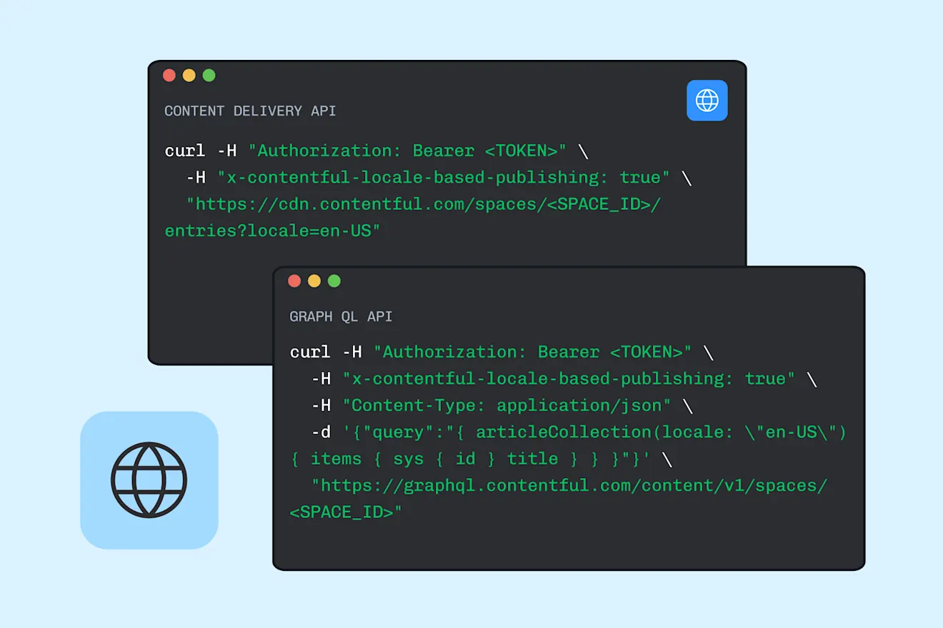 Two dark terminal windows showing curl commands for Contentful's Content Delivery API and GraphQL API with green code text.