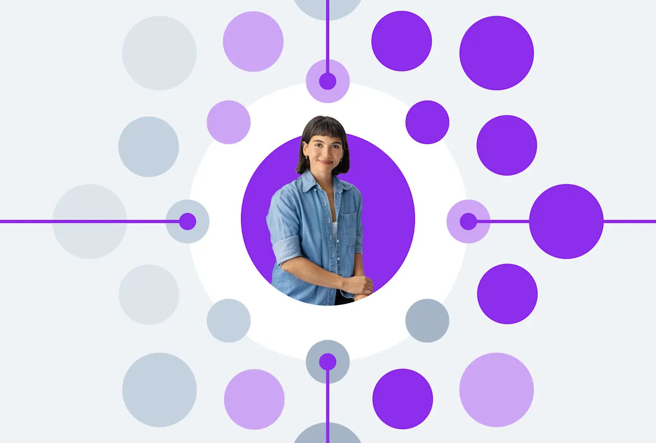 Professional portrait in circular frame surrounded by connected purple and gray dots forming a modern geometric pattern design