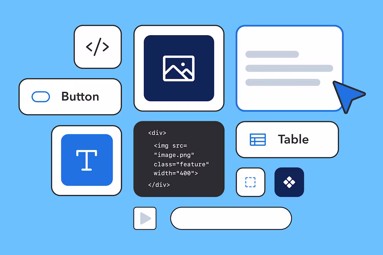Various UI components on a blue background, including button, table, image, code snippet, and text editor icons.