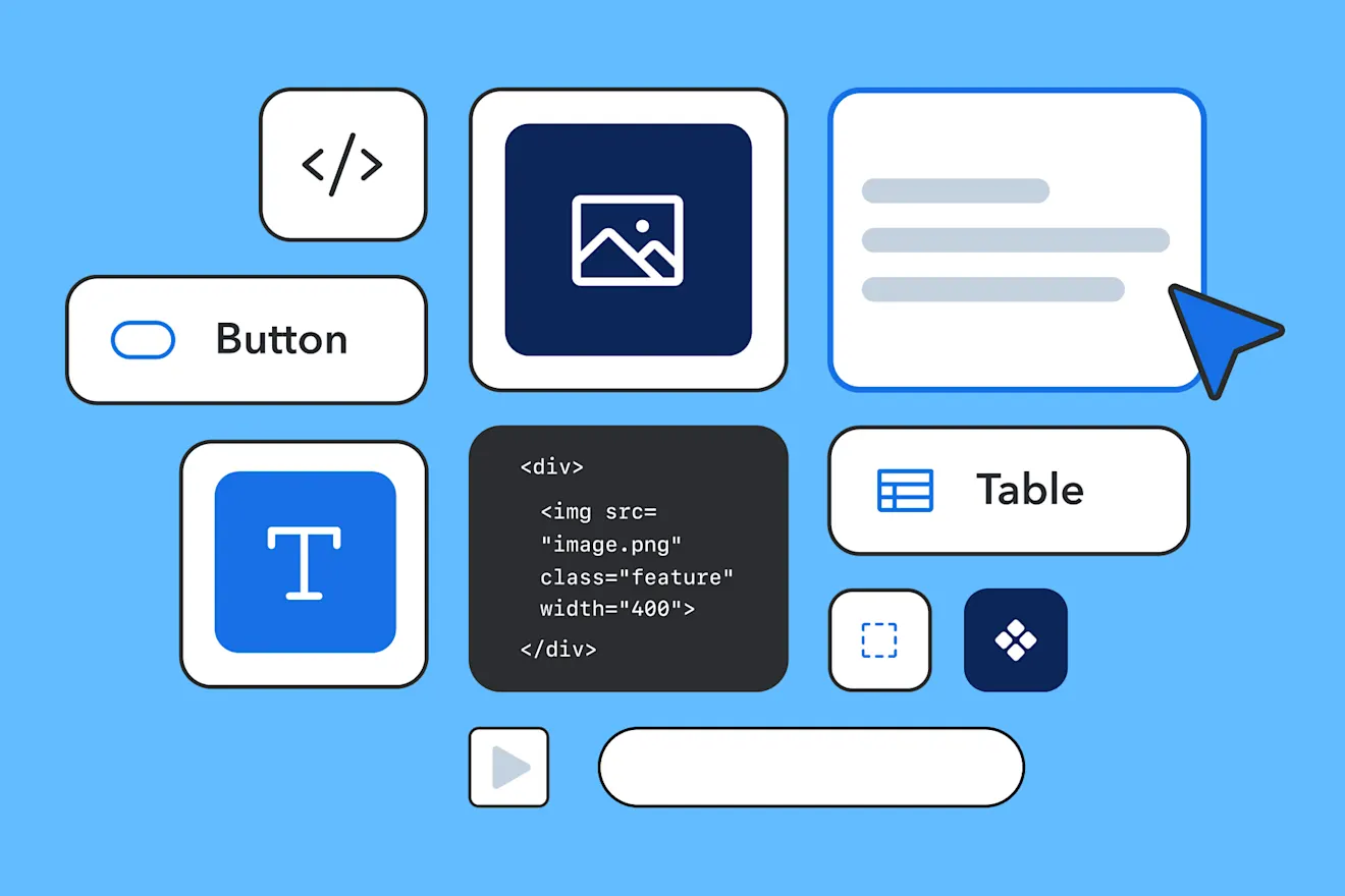 Various UI components on a blue background, including button, table, image, code snippet, and text editor icons.