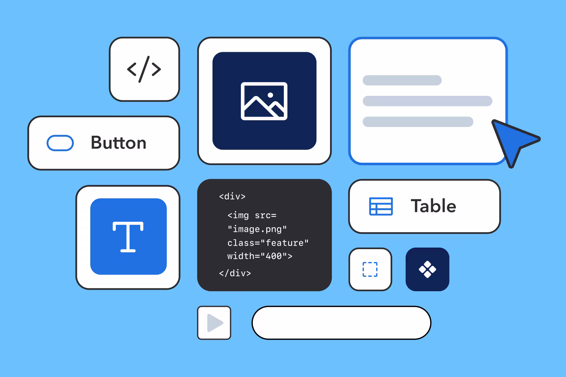 Various UI components on a blue background, including button, table, image, code snippet, and text editor icons.