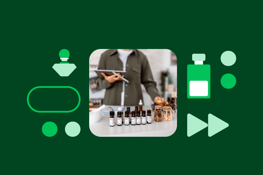 Essential oil bottles lined up on counter with person taking notes, surrounded by decorative green icons and shapes