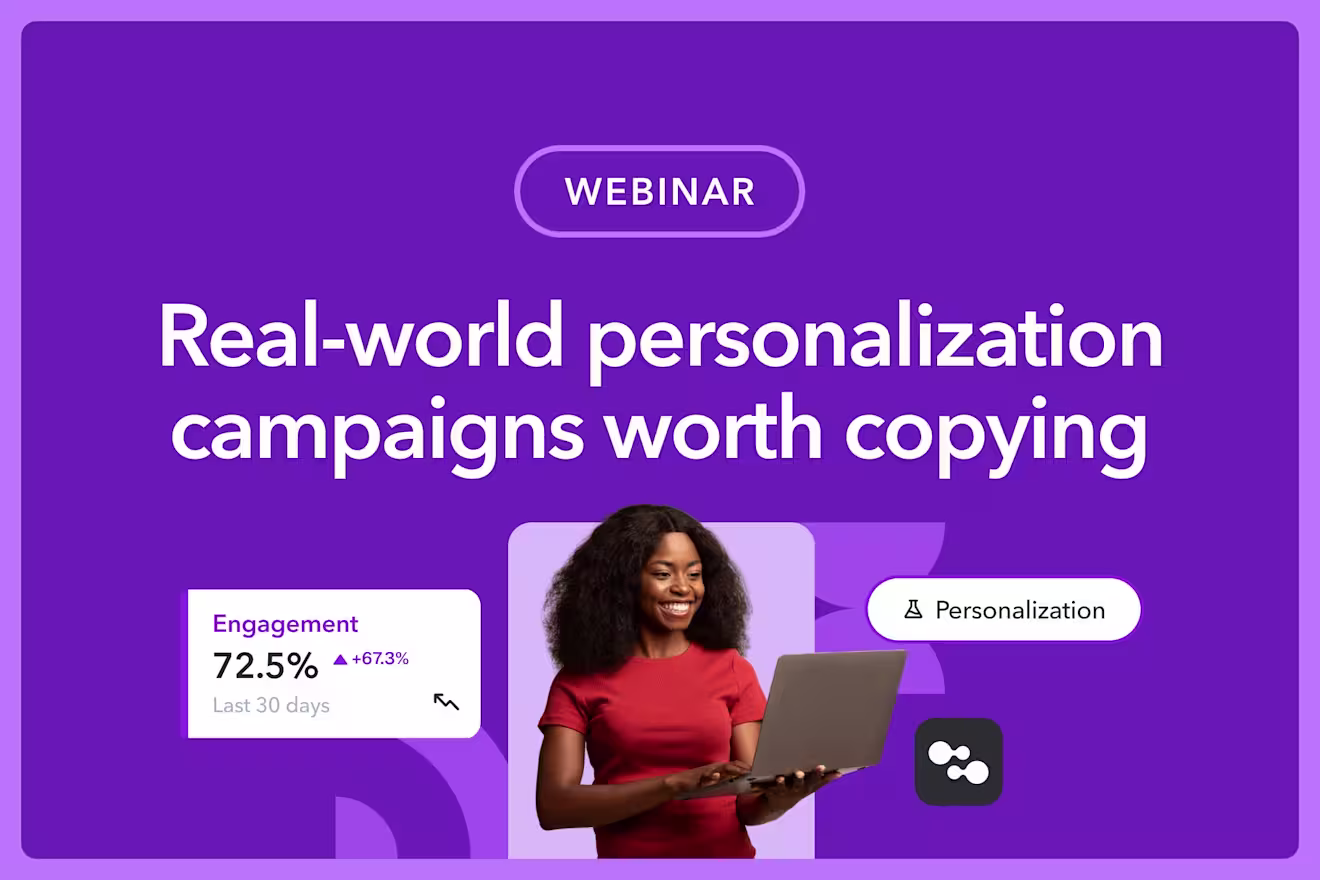 Purple webinar graphic titled Real-world personalization campaigns worth copying with a smiling presenter and engagement metrics.