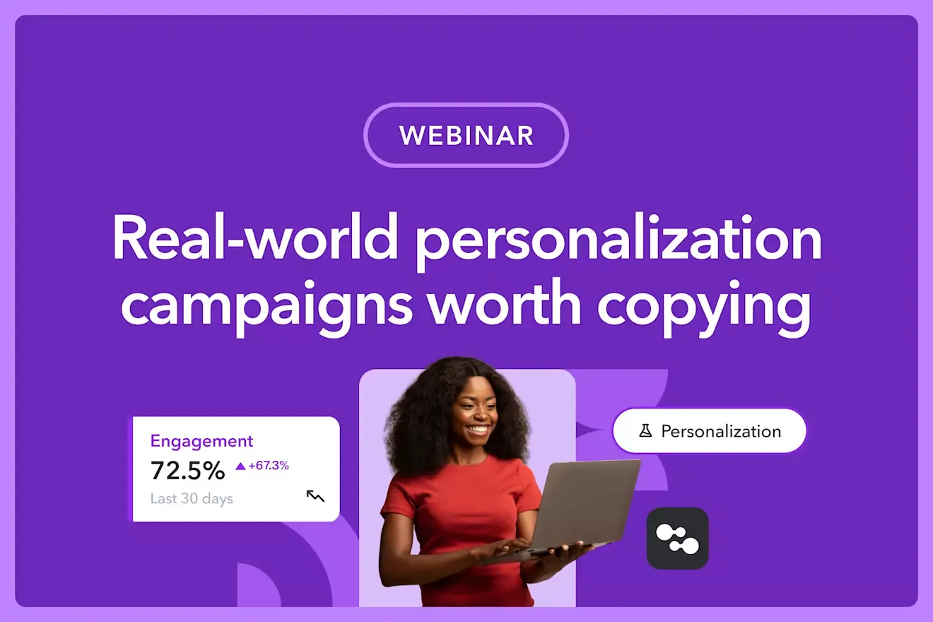 Purple webinar graphic titled Real-world personalization campaigns worth copying with a smiling presenter and engagement metrics.
