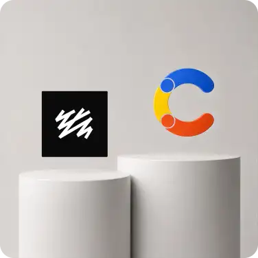 Two white cylindrical podiums against a light grey backdrop, one holding a black square with the white Sanity logo mark and the other holding the colorful Contentful logo mark.