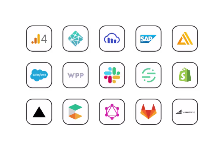 Grid of 15 tech company logos including Salesforce, SAP, Slack, and GitLab, displayed as rounded square app icons on black background