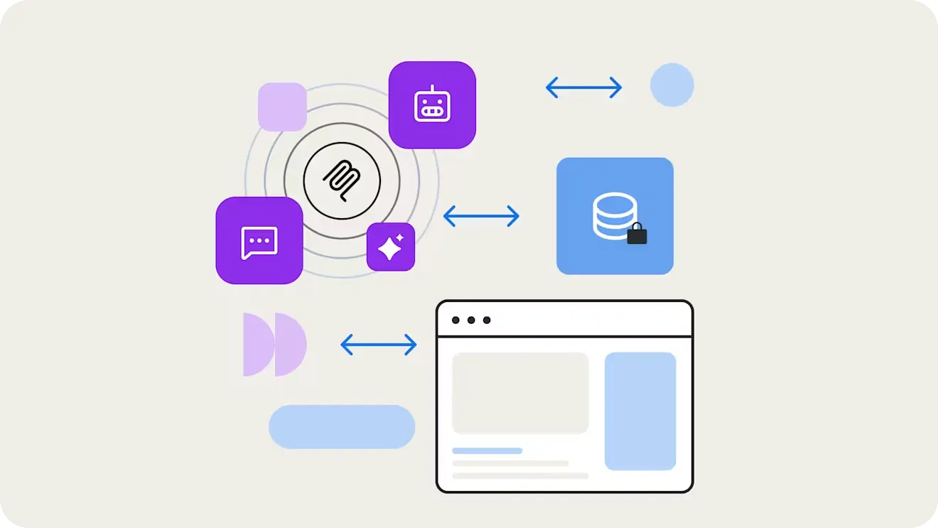 Diagram of AI assistant apps exchanging data with a secured content database and a website through two-way arrows.