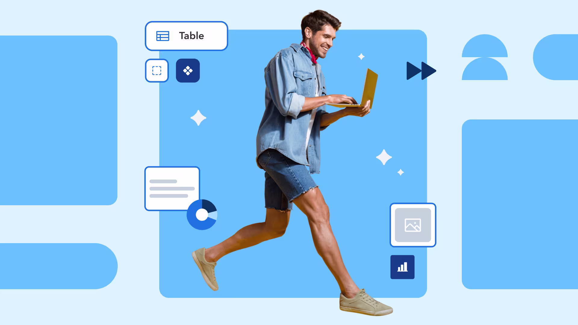 A smiling man walks while using a laptop, surrounded by blue UI icons including a table, chart, and image widgets.