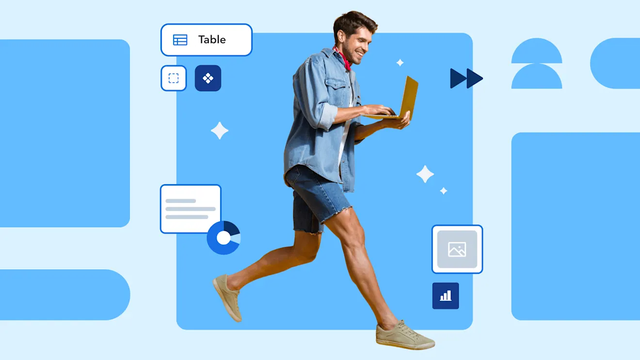 A smiling man walks while using a laptop, surrounded by blue UI icons including a table, chart, and image widgets.