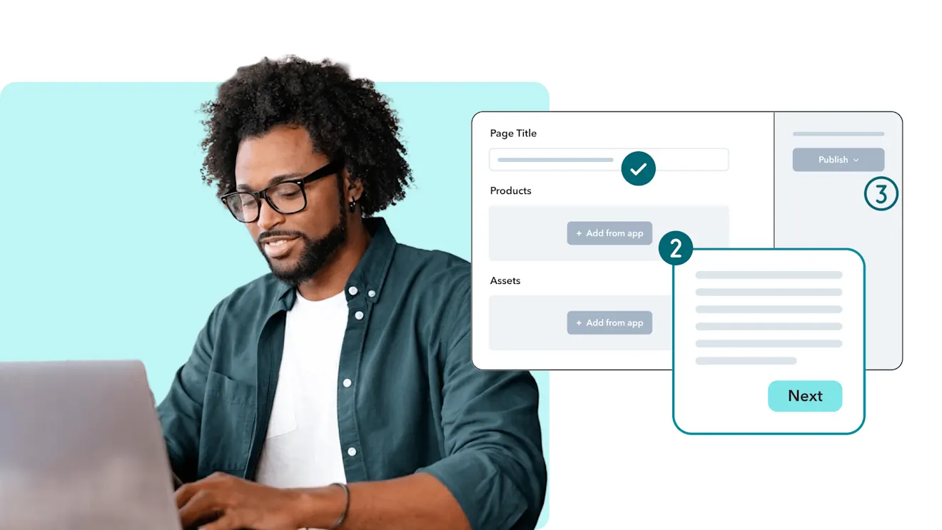 Man with glasses using a laptop beside a CMS interface showing page title, products, assets fields, and a Next button.