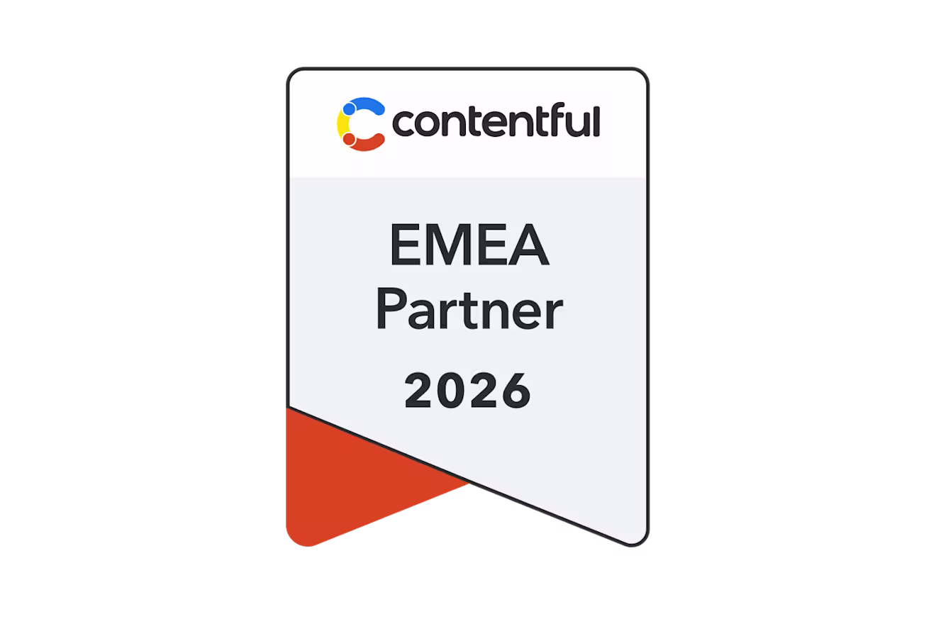 Contentful EMEA Partner 2026 badge with a ribbon shape, featuring the Contentful logo and an orange accent at the bottom.