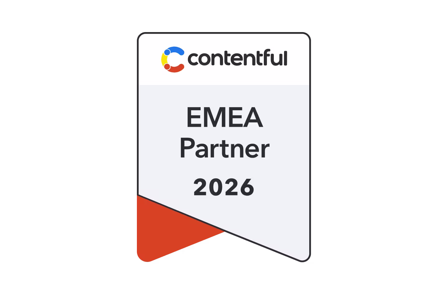 Contentful EMEA Partner 2026 badge with a ribbon shape, featuring the Contentful logo and an orange accent at the bottom.