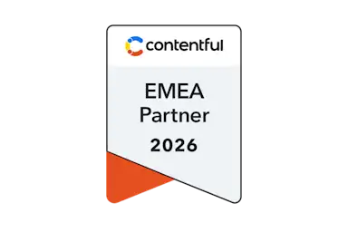 Contentful EMEA Partner 2026 badge with a ribbon shape, featuring the Contentful logo and an orange accent at the bottom.