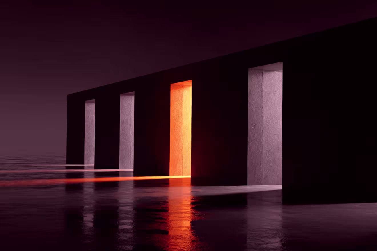Dark architectural space with white concrete pillars and dramatic orange light beams reflecting on wet concrete floor