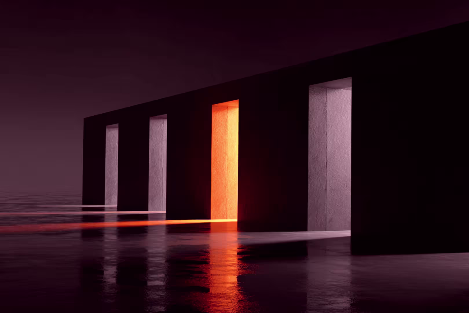 Dark architectural space with white concrete pillars and dramatic orange light beams reflecting on wet concrete floor