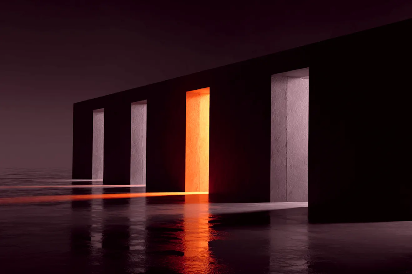 Dark architectural space with white concrete pillars and dramatic orange light beams reflecting on wet concrete floor