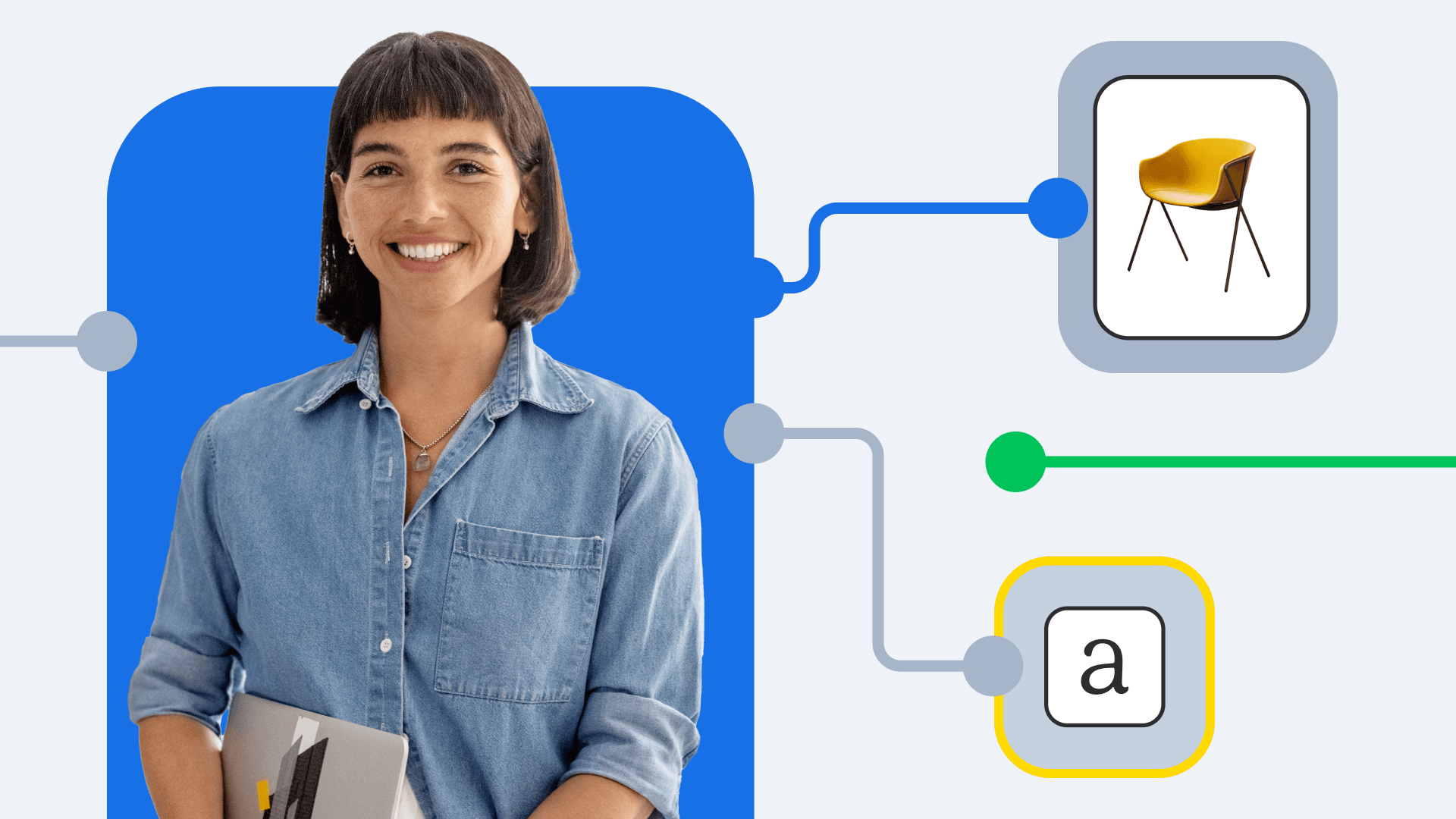 Professional in denim shirt against blue background with connected icons showing yellow chair and letter 'a' symbol.