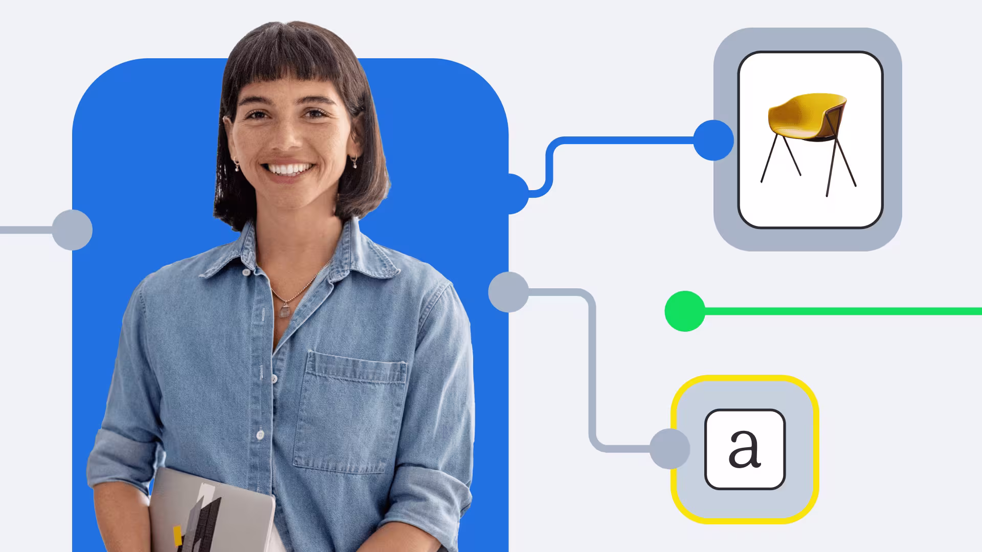 Professional in denim shirt against blue background with connected icons showing yellow chair and letter 'a' symbol.