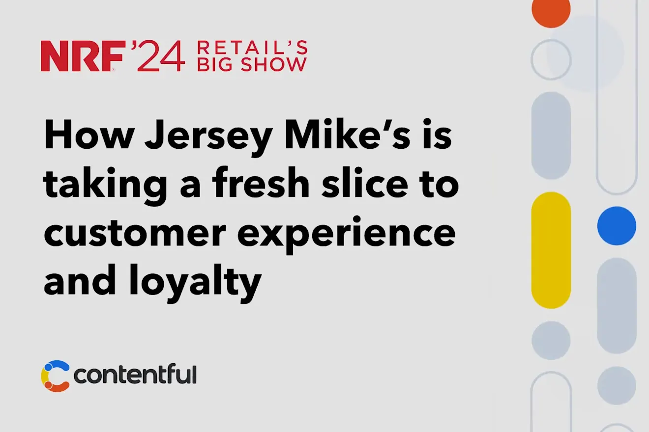 Title screen with NRF '24 Retail's Big Show logo and text about Jersey Mike's customer experience, with colorful dot pattern background