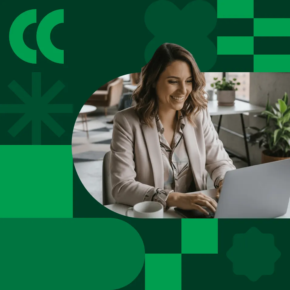 A smiling woman in a beige blazer works on a laptop in a modern office, framed by a green geometric graphic design.