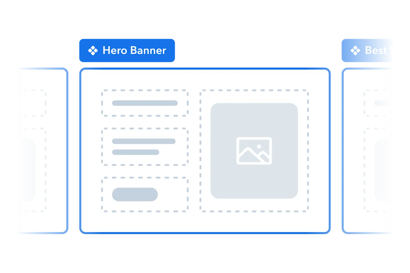 Wireframe layout showing a hero banner section with placeholder elements in light blue and white, outlined by dashed borders