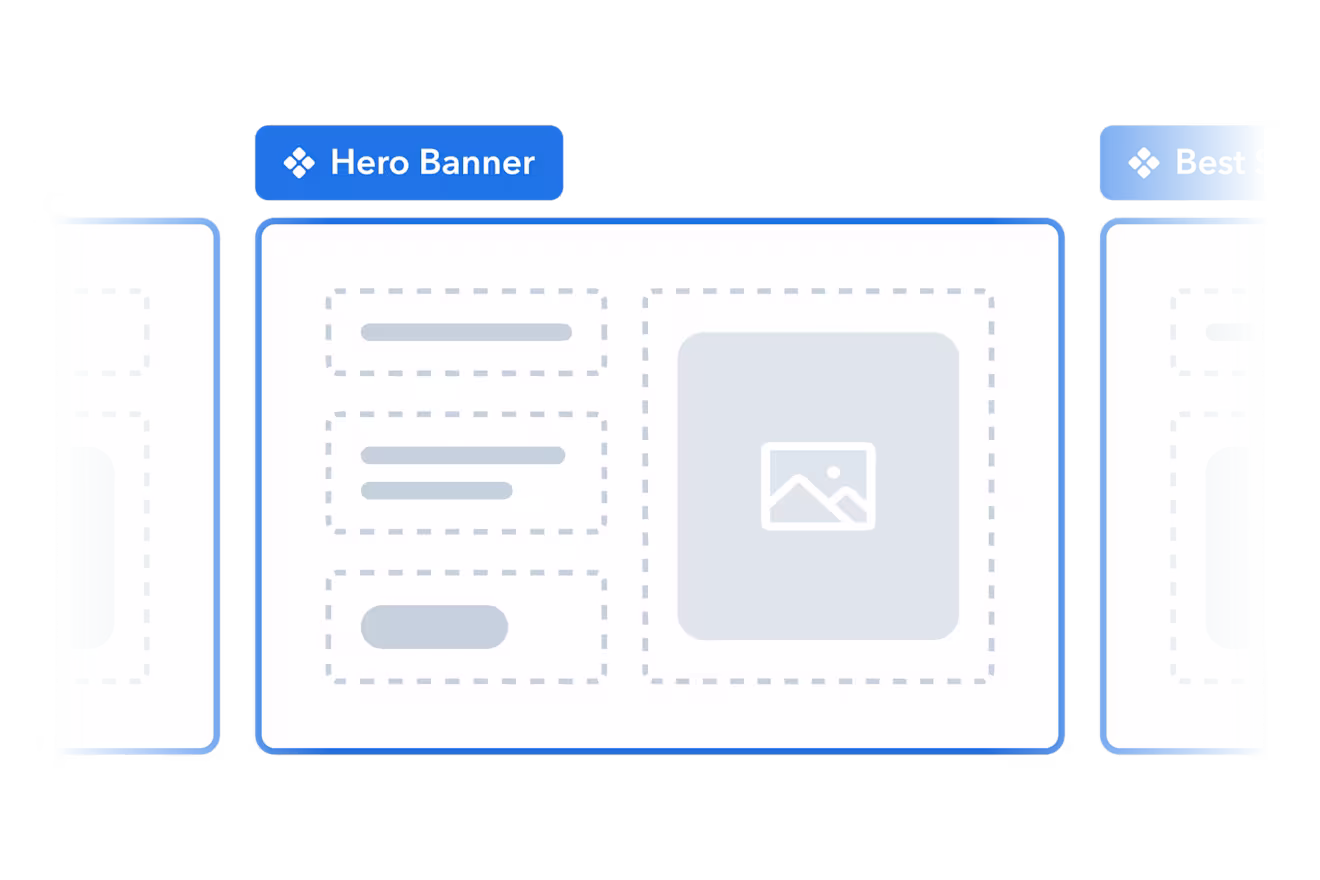 Wireframe layout showing a hero banner section with placeholder elements in light blue and white, outlined by dashed borders